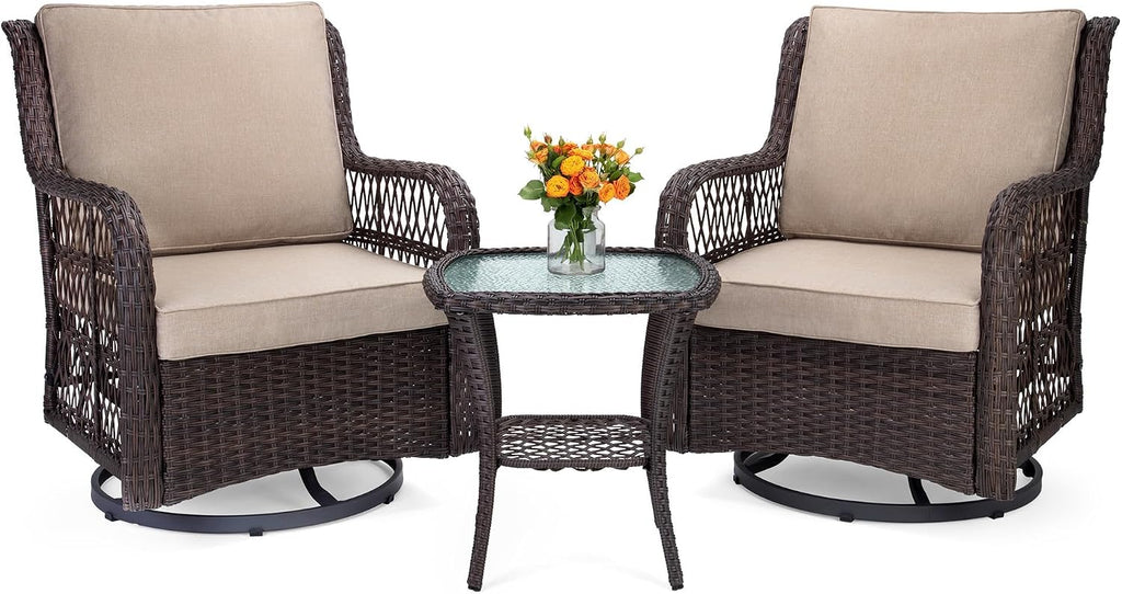 GarveeLife 3 Pieces Outdoor Swivel Chair Set, Wicker Swivel Rocker Patio Chairs, Thick Cushion and Side Table for Balcony, Porch, Backyard, Garden, Beige