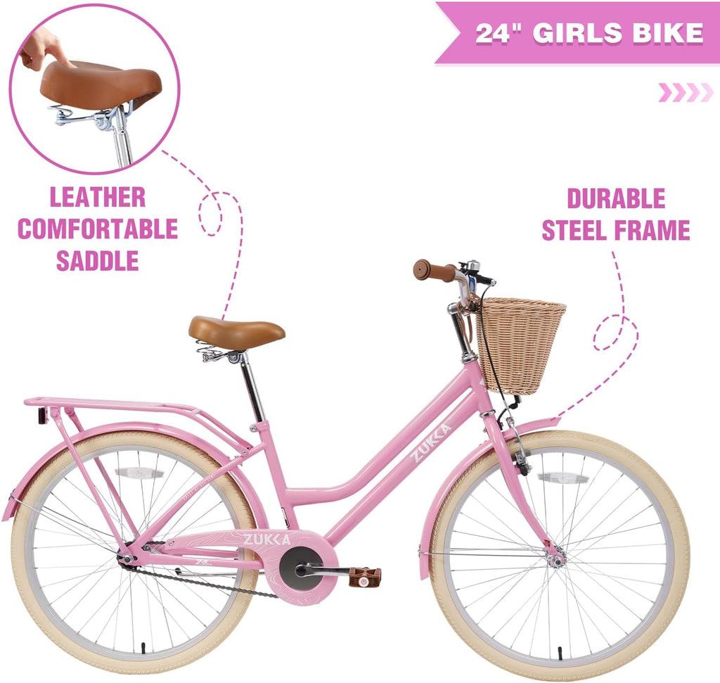 24 Inch Girls Bike ，Girls Bike with Basket for 10+ Years Old Kids，No Training Wheels Included ，Single Speed,Multiple Colors