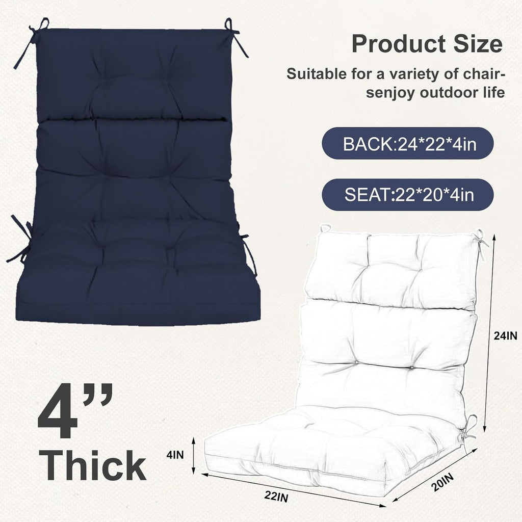 Outdoor High Back Chair Cushions 2-Pack, 44'x22'x 4' Fade-Resistant Waterproof Tufted Pads with Ties for Patio Rocking & Adirondack Chairs (Navy Blue)