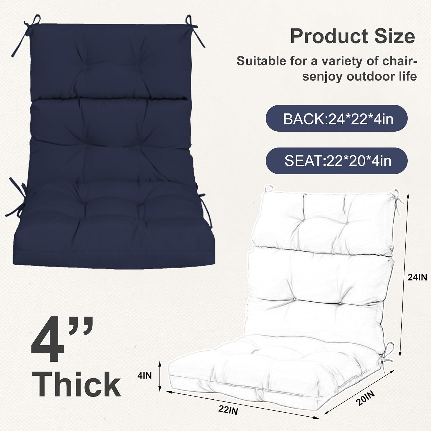 Outdoor High Back Chair Cushions 2-Pack, 44'x22'x 4' Fade-Resistant Waterproof Tufted Pads with Ties for Patio Rocking & Adirondack Chairs (Navy Blue)