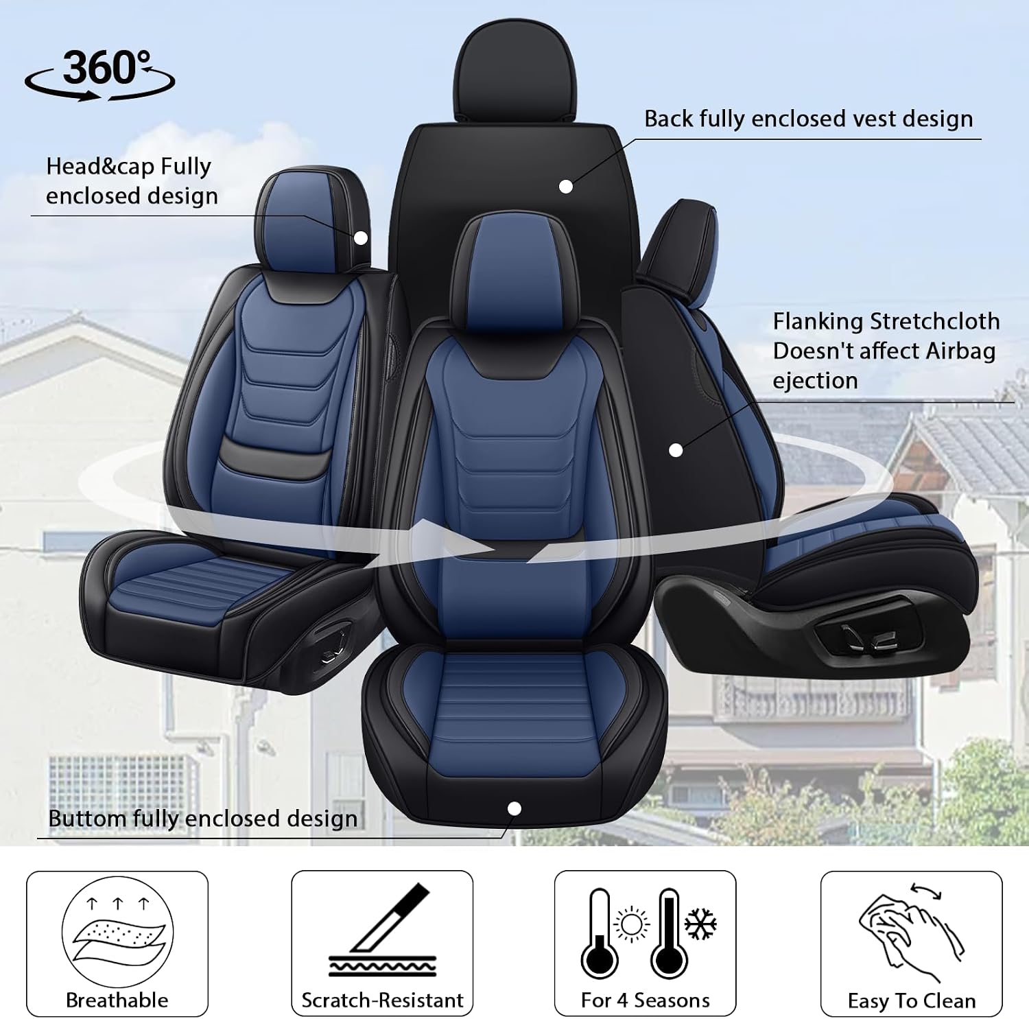 Fit for Chevrolet Silverado 1500 2000-2026 Custom Seat Covers, PU Leather Car Seat Covers, Full Coverage Protection, Thick Cushioning Seat Protectors(Standard Front Row/Black Blue)
