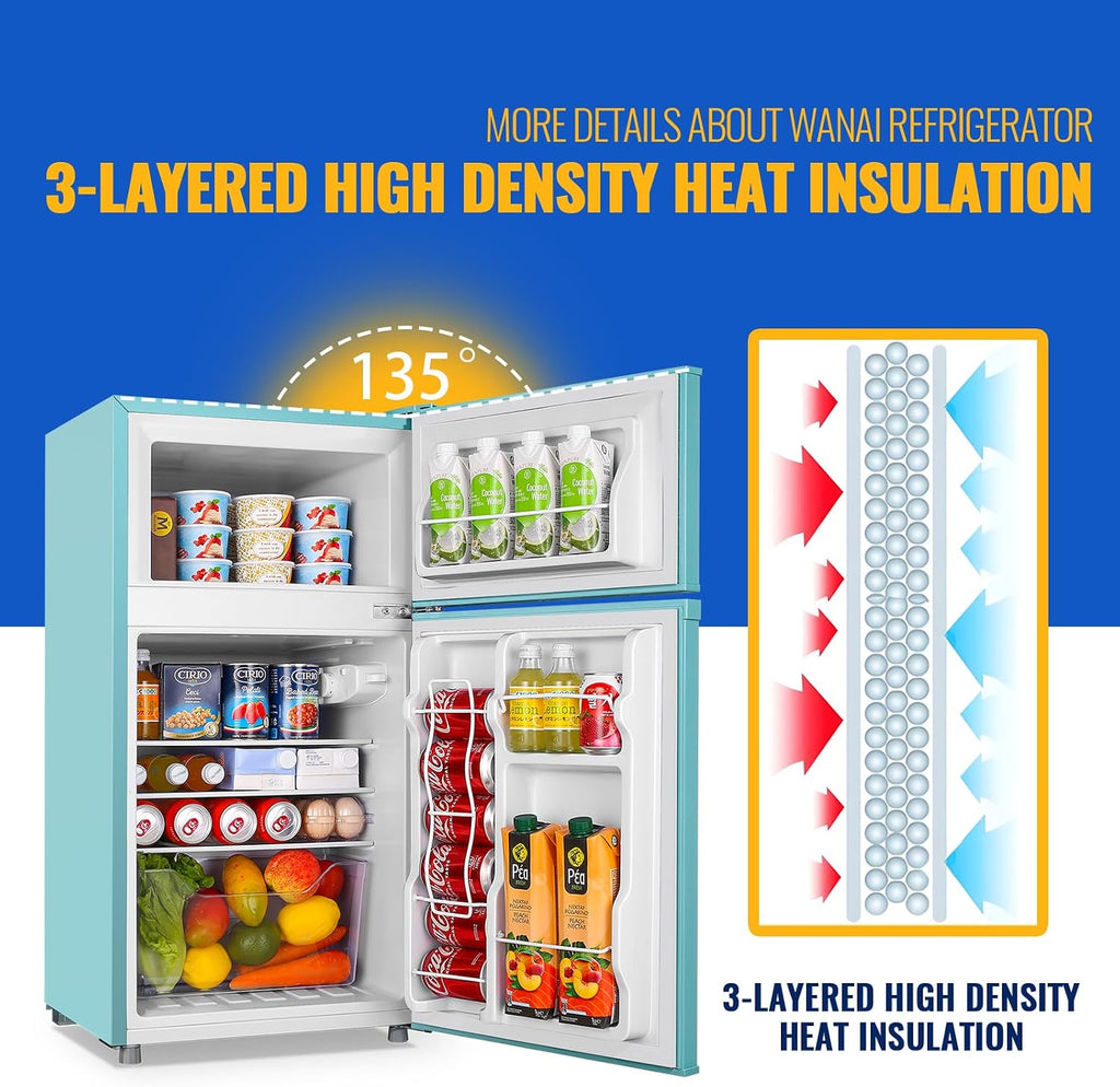 WANAI 3.5 Cu.Ft Mini Fridge With Freezer Compact Refrigerator with Freezer,7 Level Adjustable Thermostat Removable Shelves Small Refrigerator for Office Dorm Apartment Blue