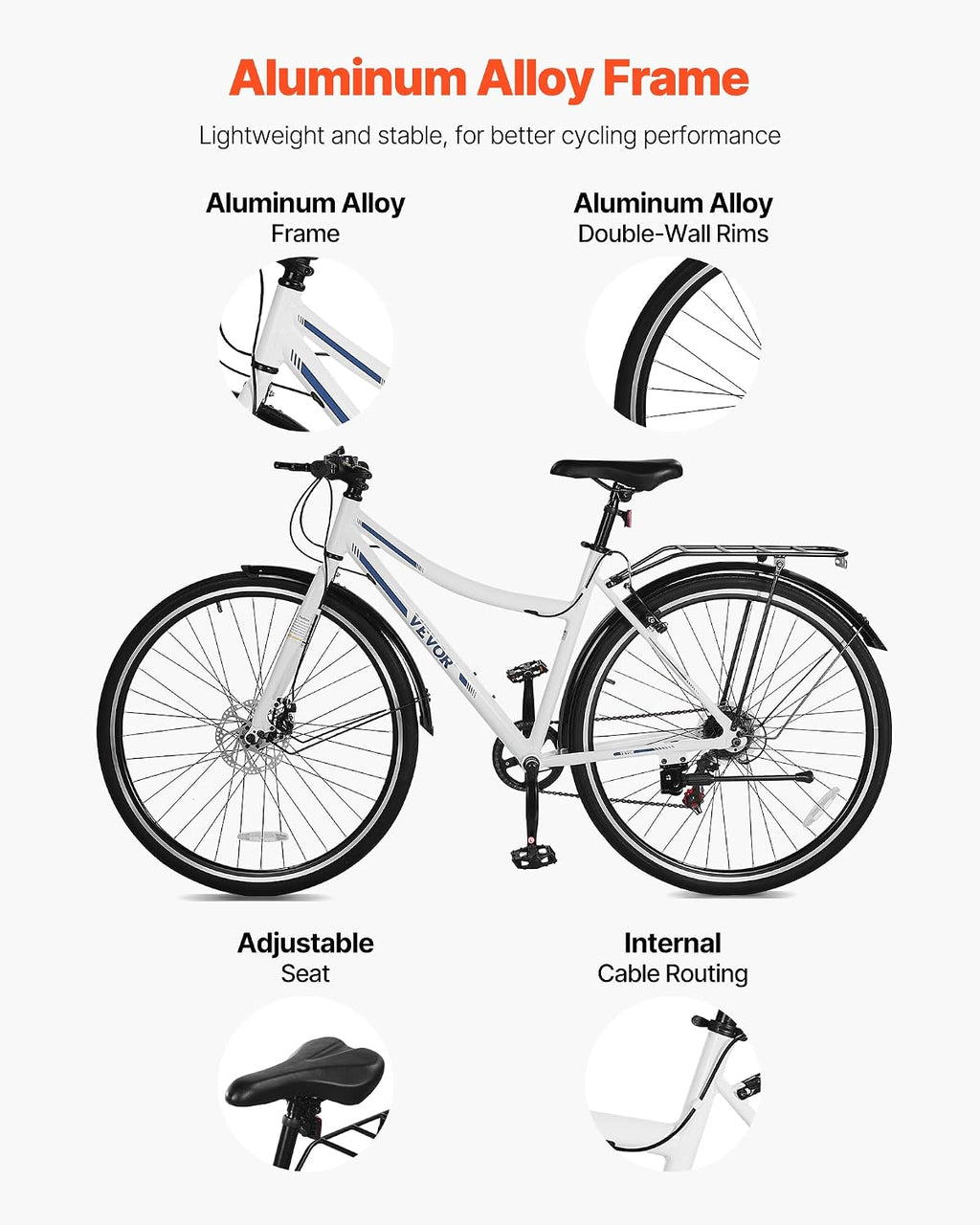 VEVOR Hybrid Bike, Lightweight Aluminum Frame Bike, 700c Wheel Men Women Hybrid Bicycle, Step-Over/Step-Through Adult Urban City Commuter Bikes, with 7/24 Speed, Alloy Adjustable Stem and Seat