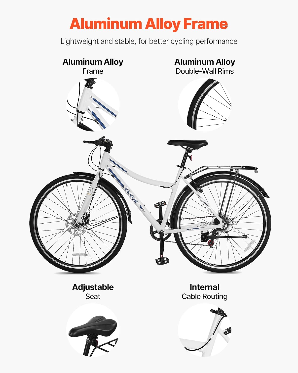 VEVOR Hybrid Bike, Lightweight Aluminum Frame Bike, 700c Wheel Men Women Hybrid Bicycle, Step-Over/Step-Through Adult Urban City Commuter Bikes, with 7/24 Speed, Alloy Adjustable Stem and Seat