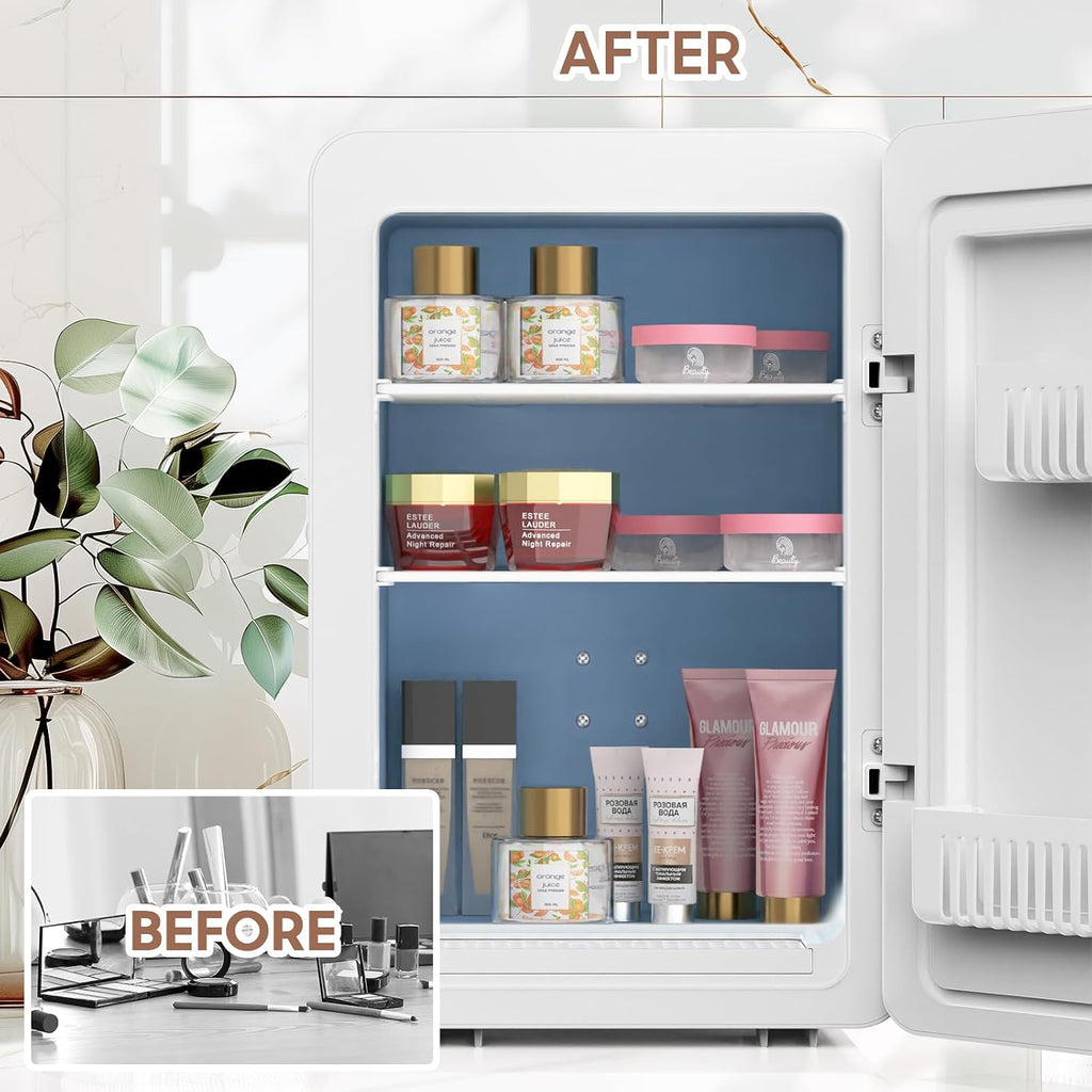 advwin 20L Mini Skincare Fridge with Dimmable LED Light Mirror, Makeup Fridge for Cooler & Warmer, Cosmetics, Beauty, Food & Drinks, Portable Small Refrigerator for Bedroom, Office, Dorm (20L white)
