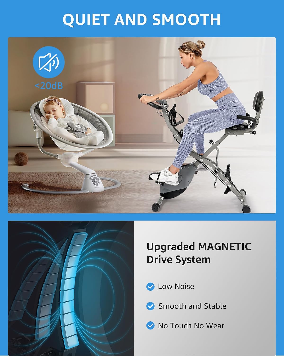 USLIM Foldable Exercise Bike Stationary Bikes for Home, 5 IN 1 Indoor Workout Bike, Cycling Bike with 16-Level Quiet Magnetic Resistance, 6.6 LBS Flywheel and 300LBS Capacity for Senior and Home Workout