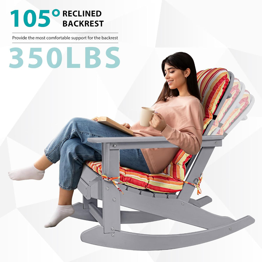 Sundale Outdoor Adirondack Rocking Chair with Cushion, HDPE Patio Plastic All Weather Adirondack Rocker, Water Resistant for Outside, Garden, Pool, Yard, Grey