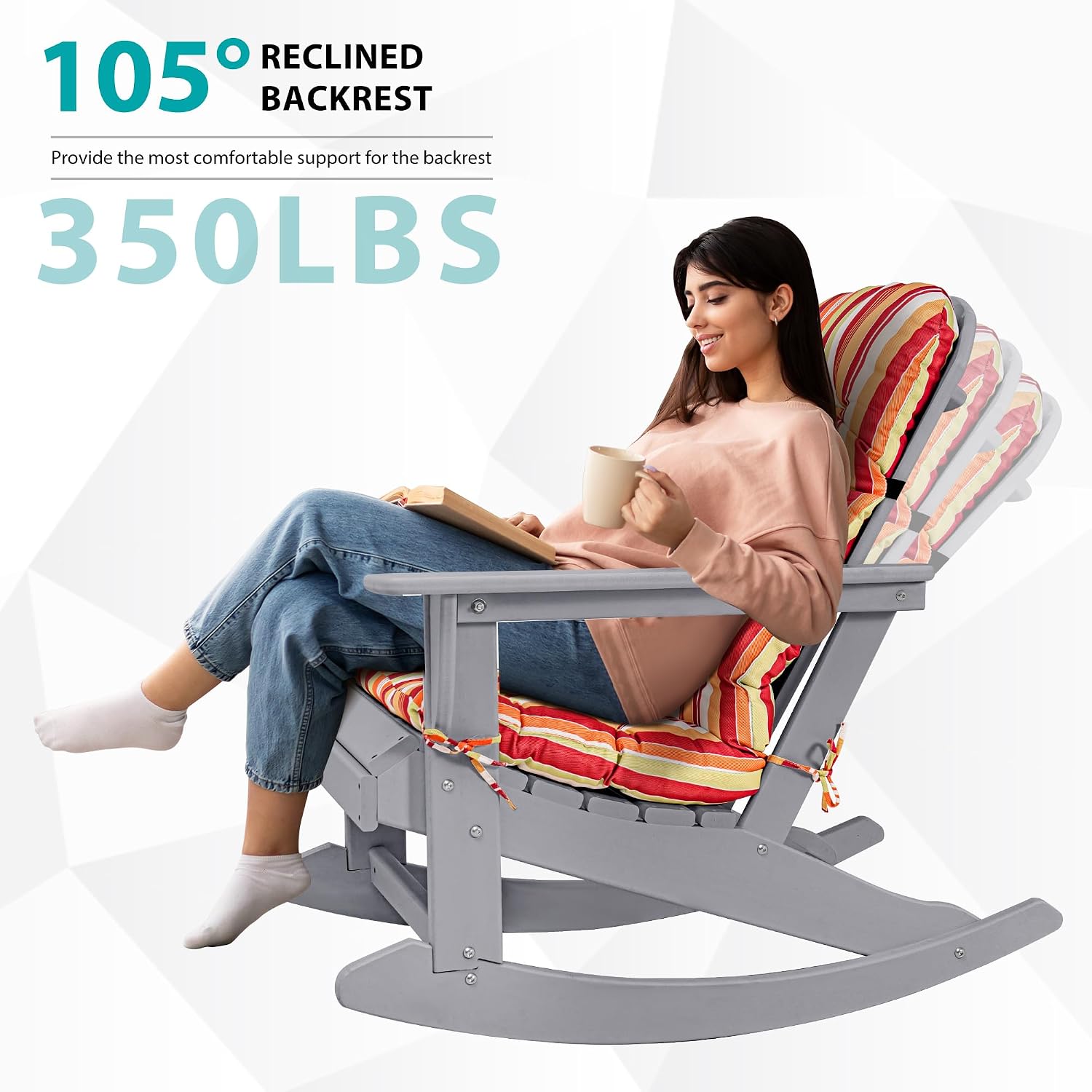 Sundale Outdoor Adirondack Rocking Chair with Cushion, HDPE Patio Plastic All Weather Adirondack Rocker, Water Resistant for Outside, Garden, Pool, Yard, Grey