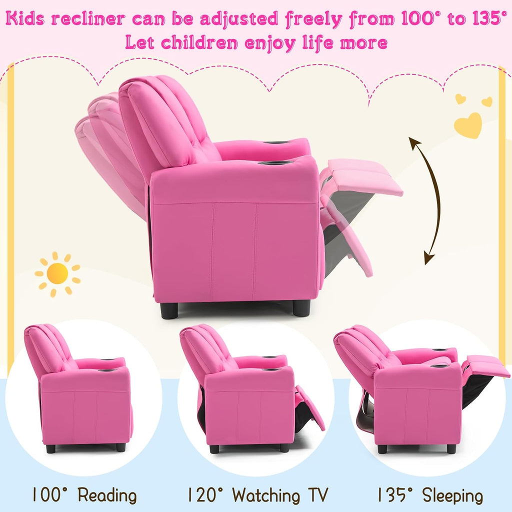 AVAWING Kids Recliner Chair, Double Kids Sofa Chair w/Cup Holder PU Leather, Toddler Loveseat Couch w/Adjustable Footrest & Headrest for Boys Girls 3+ Age Group, Pink