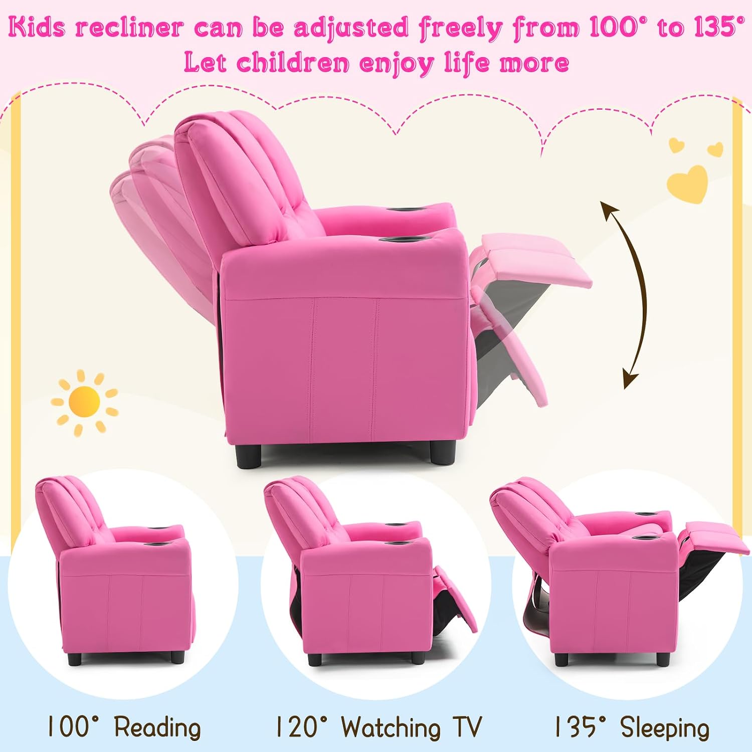 AVAWING Kids Recliner Chair, Double Kids Sofa Chair w/Cup Holder PU Leather, Toddler Loveseat Couch w/Adjustable Footrest & Headrest for Boys Girls 3+ Age Group, Pink