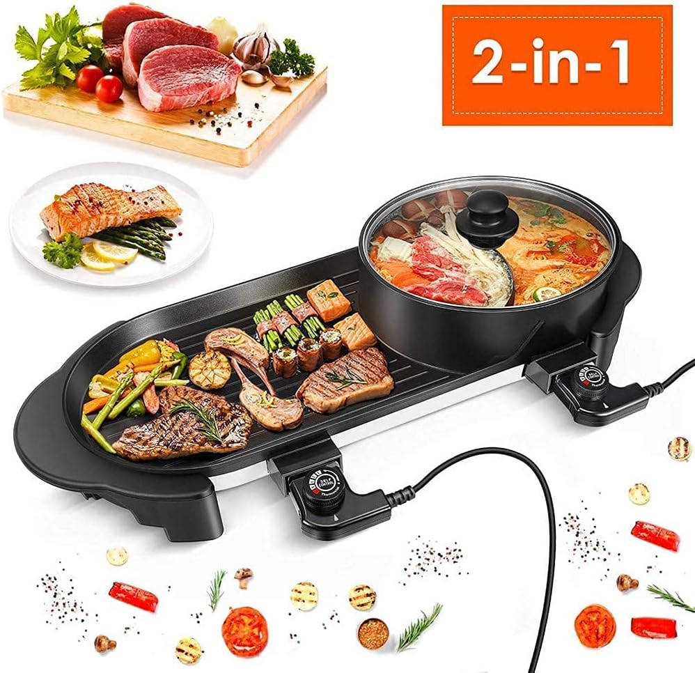 Electric Grill Indoor Electric Grill Indoor Hot Pot Multifunctional, Intelligent Temperature Control, The Pot Can Be Split, 1600W Electric Hot BBQ Pot for Indoor Outdoor Parties