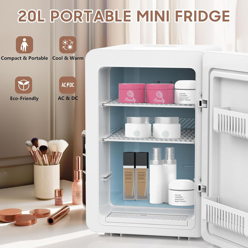 advwin 20L Mini Skincare Fridge with Dimmable LED Light Mirror, Makeup Fridge for Cooler & Warmer, Cosmetics, Beauty, Food & Drinks, Portable Small Refrigerator for Bedroom, Office, Dorm (20L white)