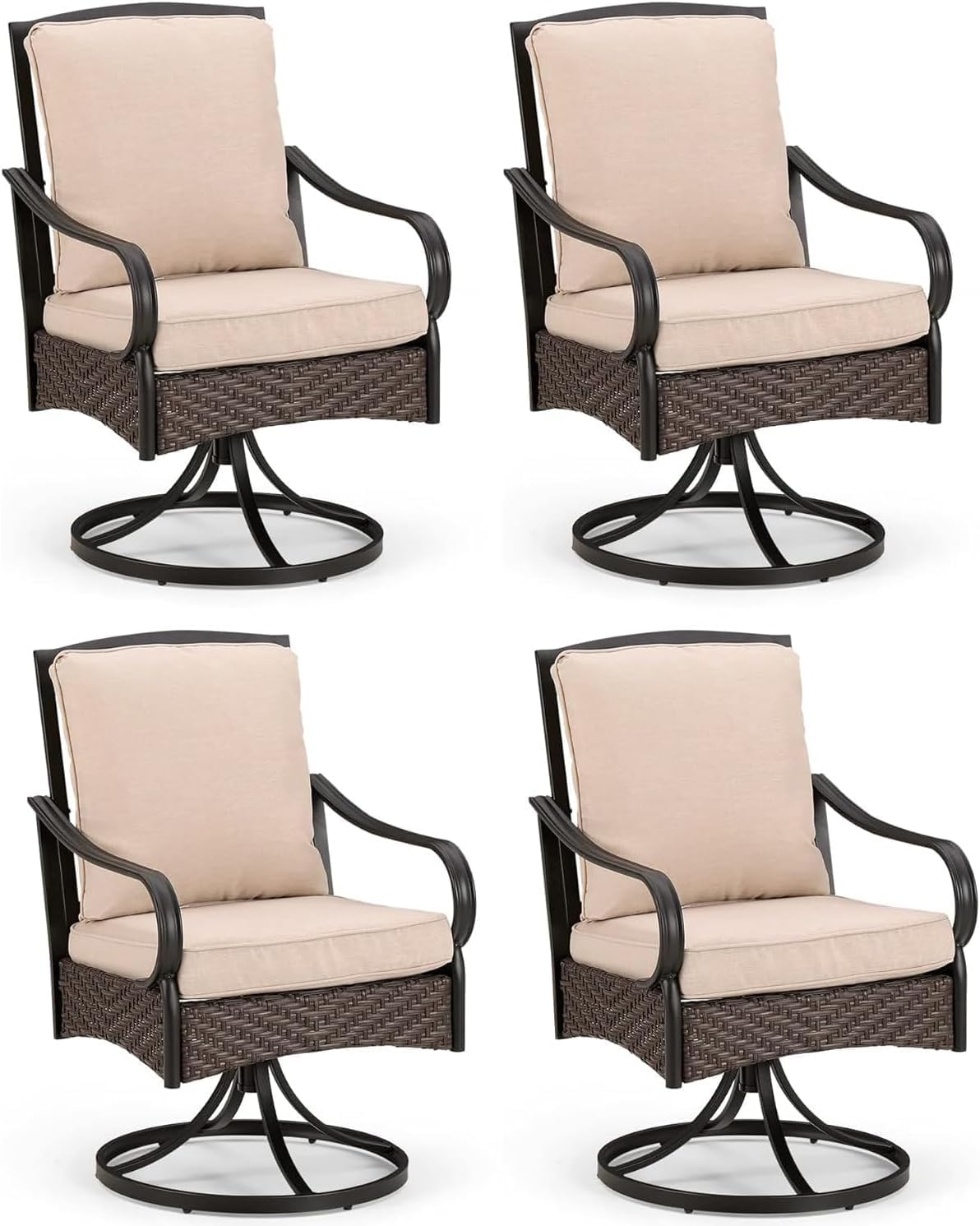 PHI VILLA Outdoor Swivel Chairs Set of 4, Heavy Duty Metal Wicker Dining Chairs with Cushions, Large All Weather Patio Seating Furniture for Porch, Deck, Backyard