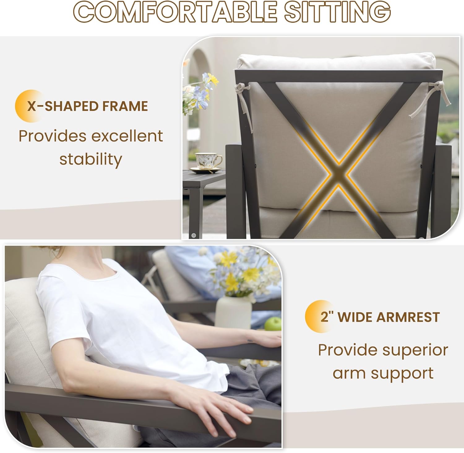 UDPATIO Rocking Chair Outdoor Set 2 with Coffee Table, 3 Piece Metal Rocking Bistro Set with 6.5' Water-Resistant Cushions, Oversized, 350lbs Heavy-Duty, for Porch, Patio, Balcony, Beige