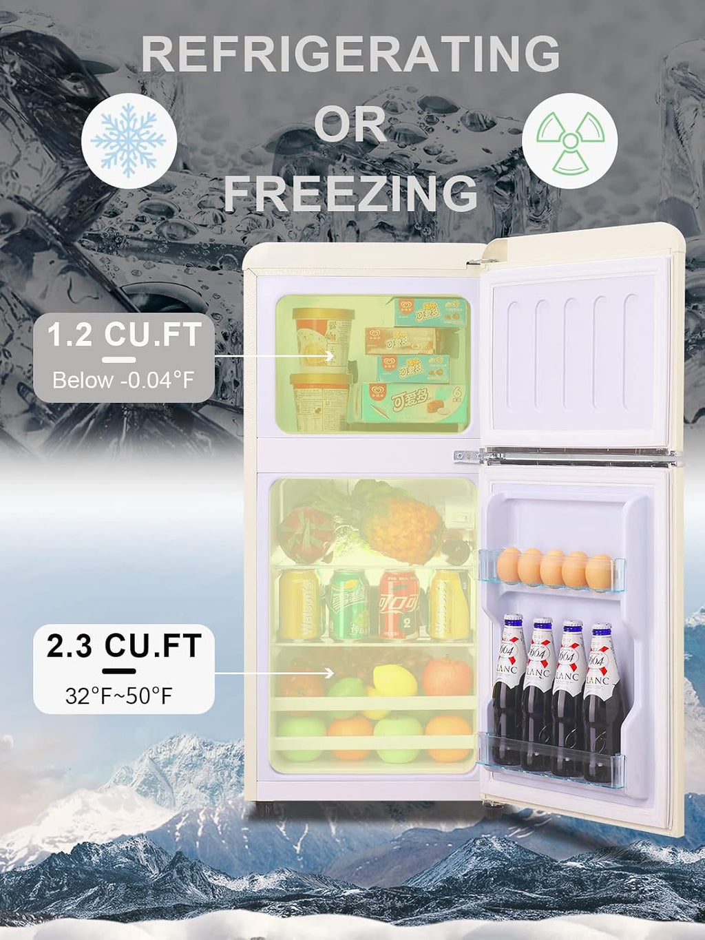 KRIB BLING 3.5 Cu.ft Refrigerators with Freezer, Fridge with 7 Level Temp Adjustable Thermostat, Fridge for Apartment, Office, Basement, Cream