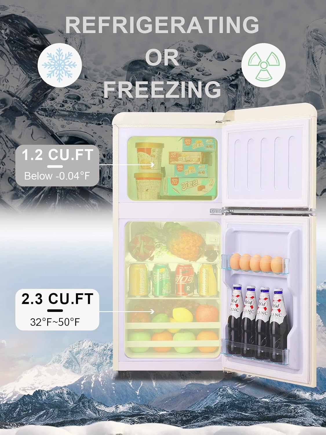 KRIB BLING 3.5 Cu.ft Refrigerators with Freezer, Fridge with 7 Level Temp Adjustable Thermostat, Fridge for Apartment, Office, Basement, Cream