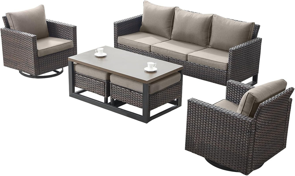 Luxury Wicker Outdoor Patio Furniture Set - 6 Piece Patio Conversation Set with 2 Swivel Rocker Chairs,2 Rattan Ottoman,1 Couch and 1 Metal Coffee Table for Outside Porch Deck Backyard(Brown/Grey)