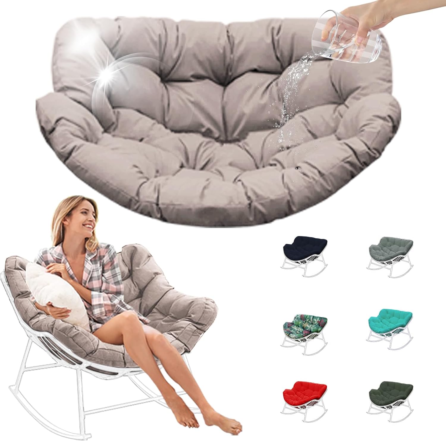 Outdoor Rocking Chair Cushions Replacement, 6''Thick Waterproof & Fade Resistant Papasan Chair Cushion with 6 Straps,Tufted Egg Chair Cushion for Indoor & Outdoor (Khaki)