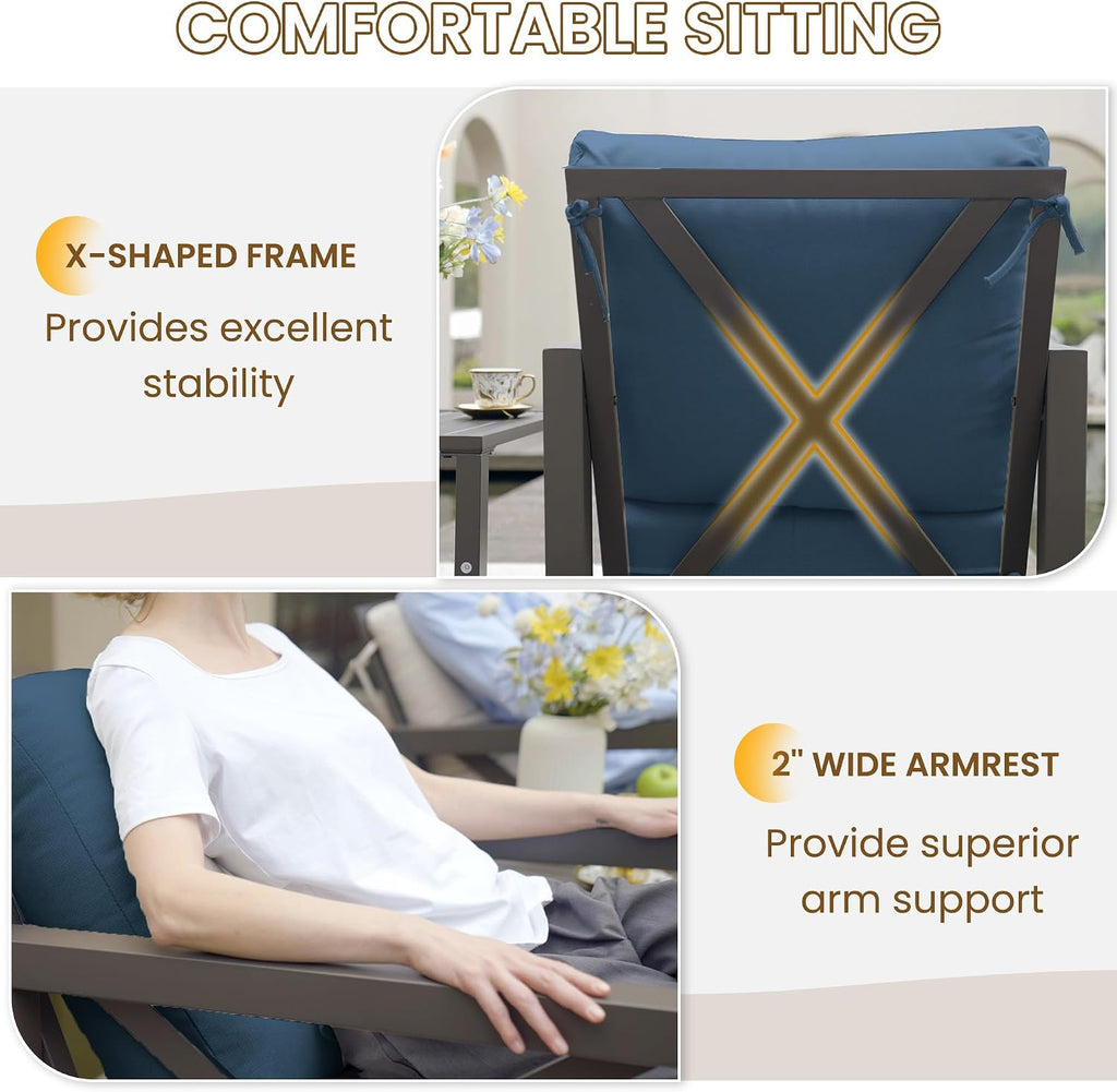 UDPATIO Rocking Chair Outdoor Set 2 with Coffee Table, 3 Piece Metal Rocking Bistro Set with 6.5' Water-Resistant Cushions, Oversized, 350lbs Heavy-Duty, for Porch, Patio, Balcony, Navy