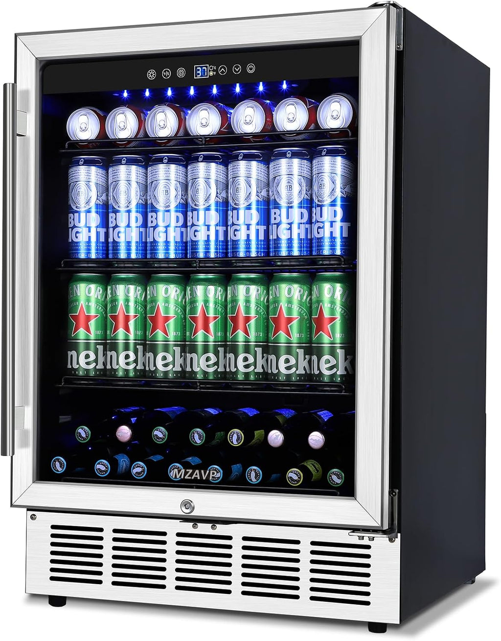 24 Inch Beverage Refrigerator, 180 Cans Built-in Beverage Cooler with Glass Door, Under Counter or Freestanding Drink Fridge with LED Light & Adjustable Shelves For Home Bar Office - Silver