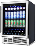 24 Inch Beverage Refrigerator, 180 Cans Built-in Beverage Cooler with Glass Door, Under Counter or Freestanding Drink Fridge with LED Light & Adjustable Shelves For Home Bar Office - Silver