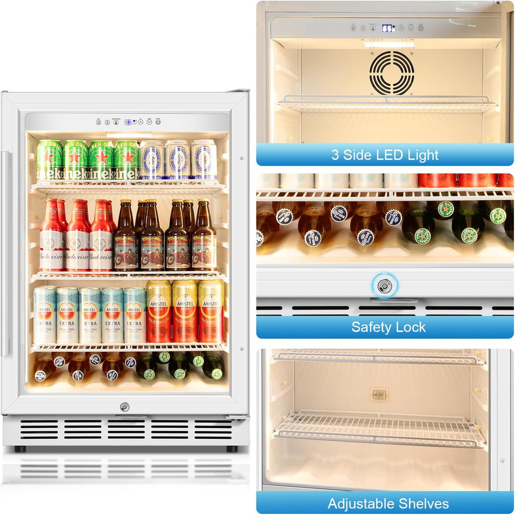 Velivi Beverage Refrigerator, 4.9 Cubic Feet Undercounter/Freestanding 24 Inch Beverage Fridge with Glass Door, LED Light, Safety Lock, Touch Control, Low Noise (White)