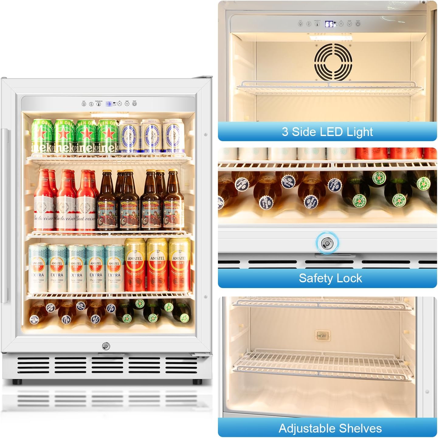 Velivi Beverage Refrigerator, 4.9 Cubic Feet Undercounter/Freestanding 24 Inch Beverage Fridge with Glass Door, LED Light, Safety Lock, Touch Control, Low Noise (White)