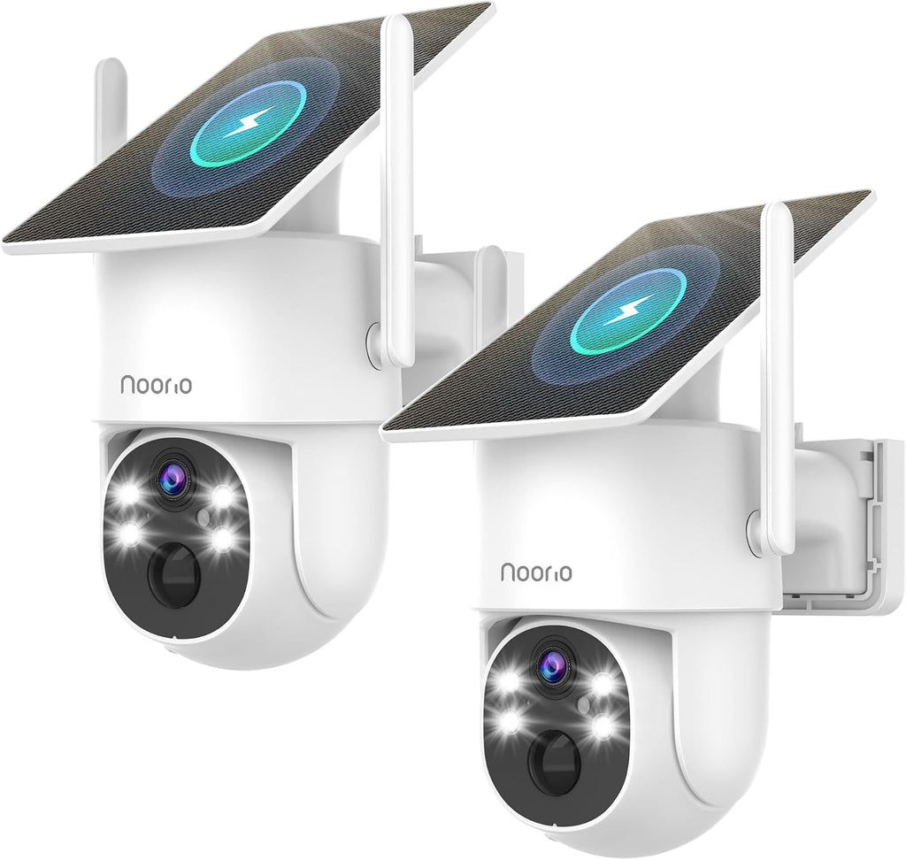 Noorio 2K Solar Security Camera Wireless Outdoor, 360° Pan/Tilt Camera with Dual-Band WiFi 2.4/5G, Fixed Solar Panel, AI Human Detection, Color Night Vision, 4MP, IP65 Weatherproof, 2-Way Audio 2 Pack
