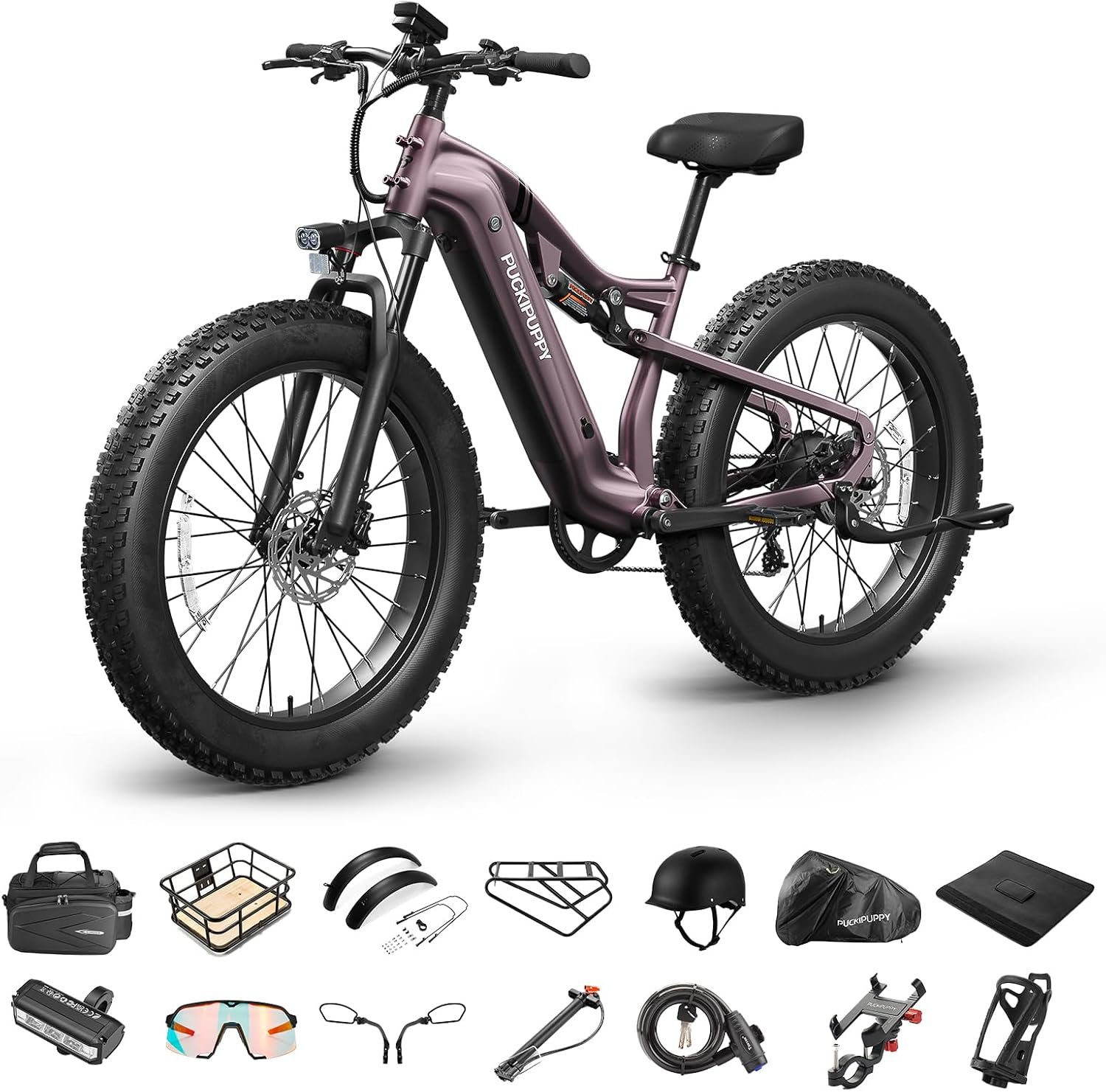 PUCKIPUPPY Electric Bike for Adults 28 MPH, 750W | 1350W Peak, Torque Sensor, 80 Miles Range, 26'x4' Fat Tire Electric Dirt Bike, Full Suspension Electric Mountain Bike, 8 Speed Ebike Labrador Pro