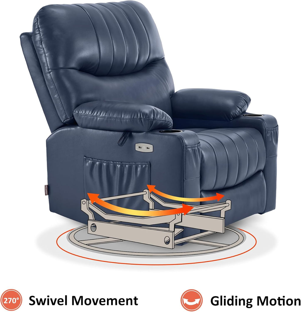 MCombo Oversized Swivel Glider Rocker Power Recliner Chair for Living Room with Heat and Vibration Massage, USB Ports, Cup Holders and Pockets, Faux Leather 7785 (Navy Blue)