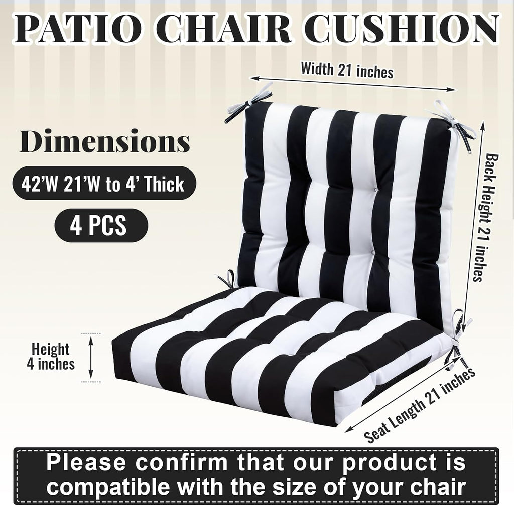 Marsui 4 Pcs Outdoor Indoor High Back Chair Cushions Patio Furniture Tufted Pillow with Ties Water-Resistant Replacement Outdoor Rocking Chair Cushions, 42 x 21 Inches (Black White,Stripe)