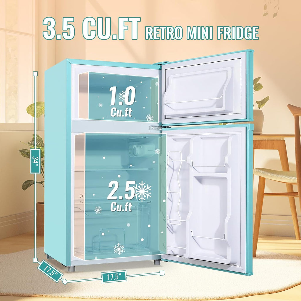 WANAI 3.5 Cu.Ft Mini Fridge with Freezer, Freestanding Refrigerator for Office, Dorm, Apartment, 7-Level Adjustable Thermostat, 2 Removable Shelves and Bakset, Small Fridge in Blue