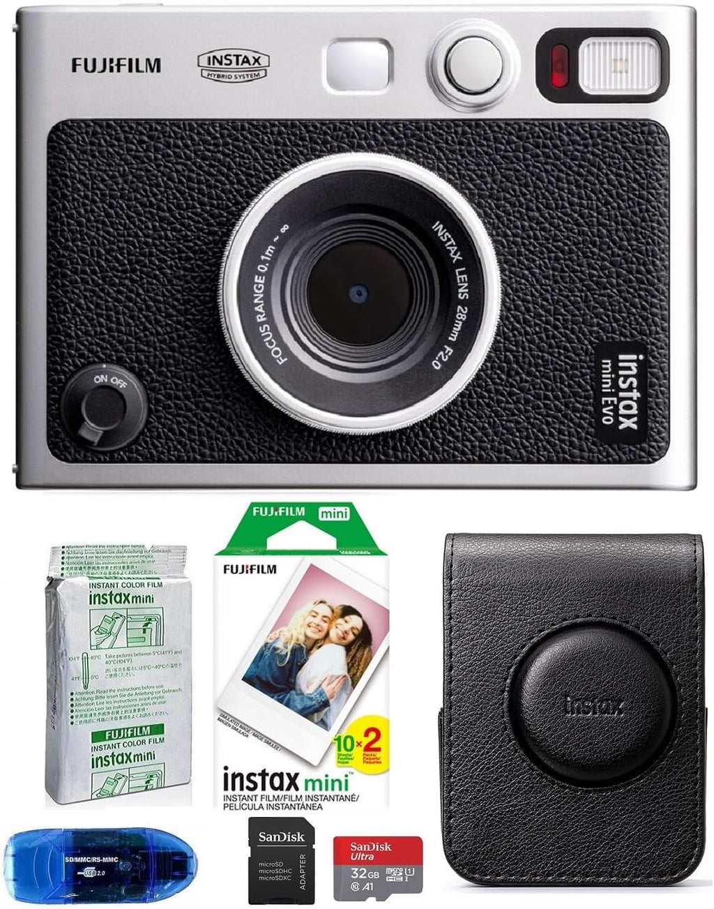Fujifilm INSTAX Mini EVO Hybrid Instant Camera (Black) Bundle, Includes: Fujifilm Soft Case, Mini Film (30 Exposures), SanDisk 32GB MicroSDHC Memory Card and More (6 Items)