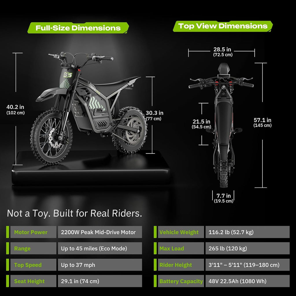 Windone RS5 Electric Dirt Bike for Teens & Adults (13+), Up to 37 MPH, 45 Miles Range, 2200W Peak Motor, 14'/12' Off-Road Tires, Hydraulic Suspension, 3-Speed Modes Electric Motorcycle