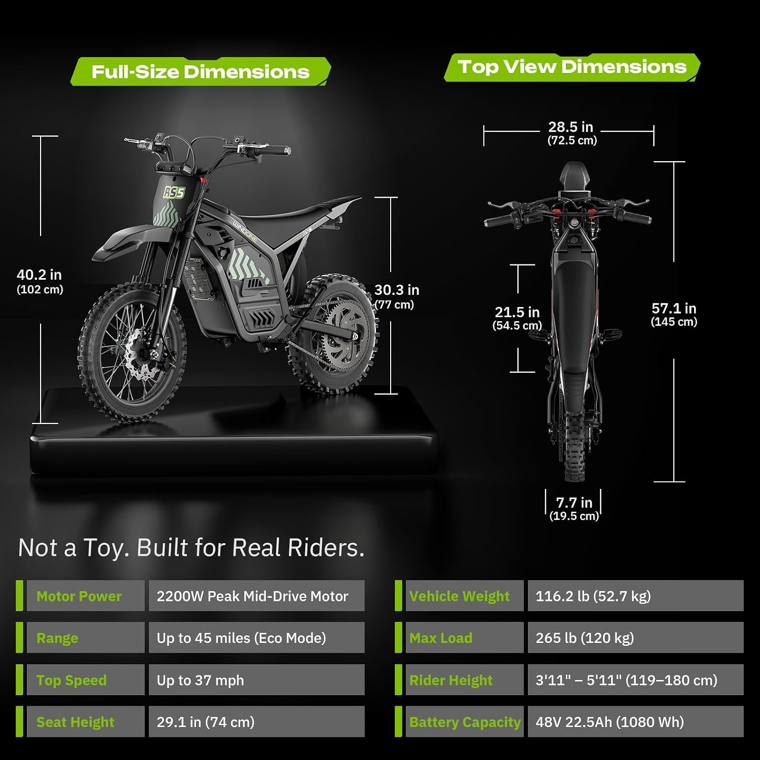 Windone RS5 Electric Dirt Bike for Teens & Adults (13+), Up to 37 MPH, 45 Miles Range, 2200W Peak Motor, 14'/12' Off-Road Tires, Hydraulic Suspension, 3-Speed Modes Electric Motorcycle