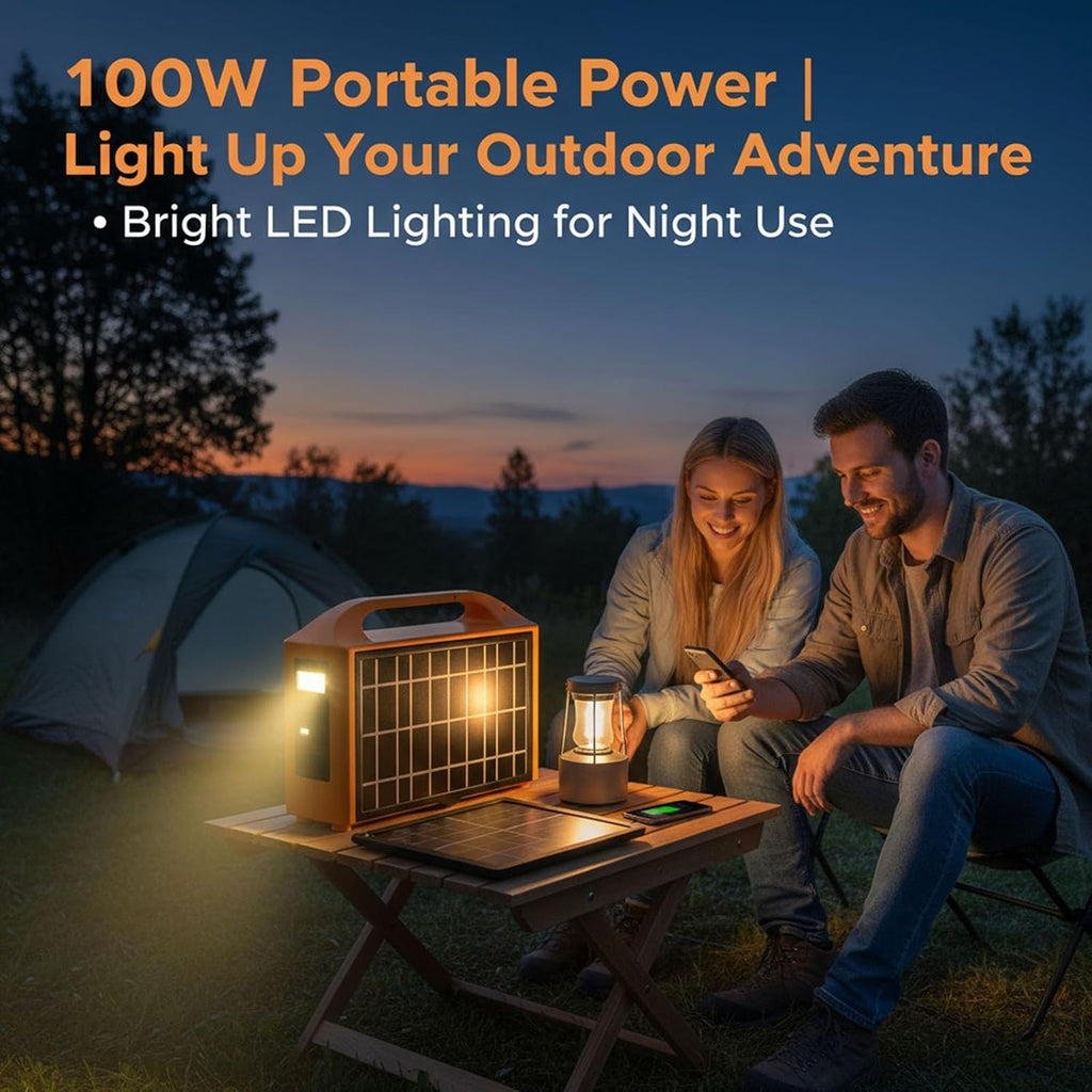 Portable Solar Generator Foldable Panel, 100W Solar Power Bank AC Outlet LED Lighting LCD Display Camping RV Travel Outdoor Backup Energy