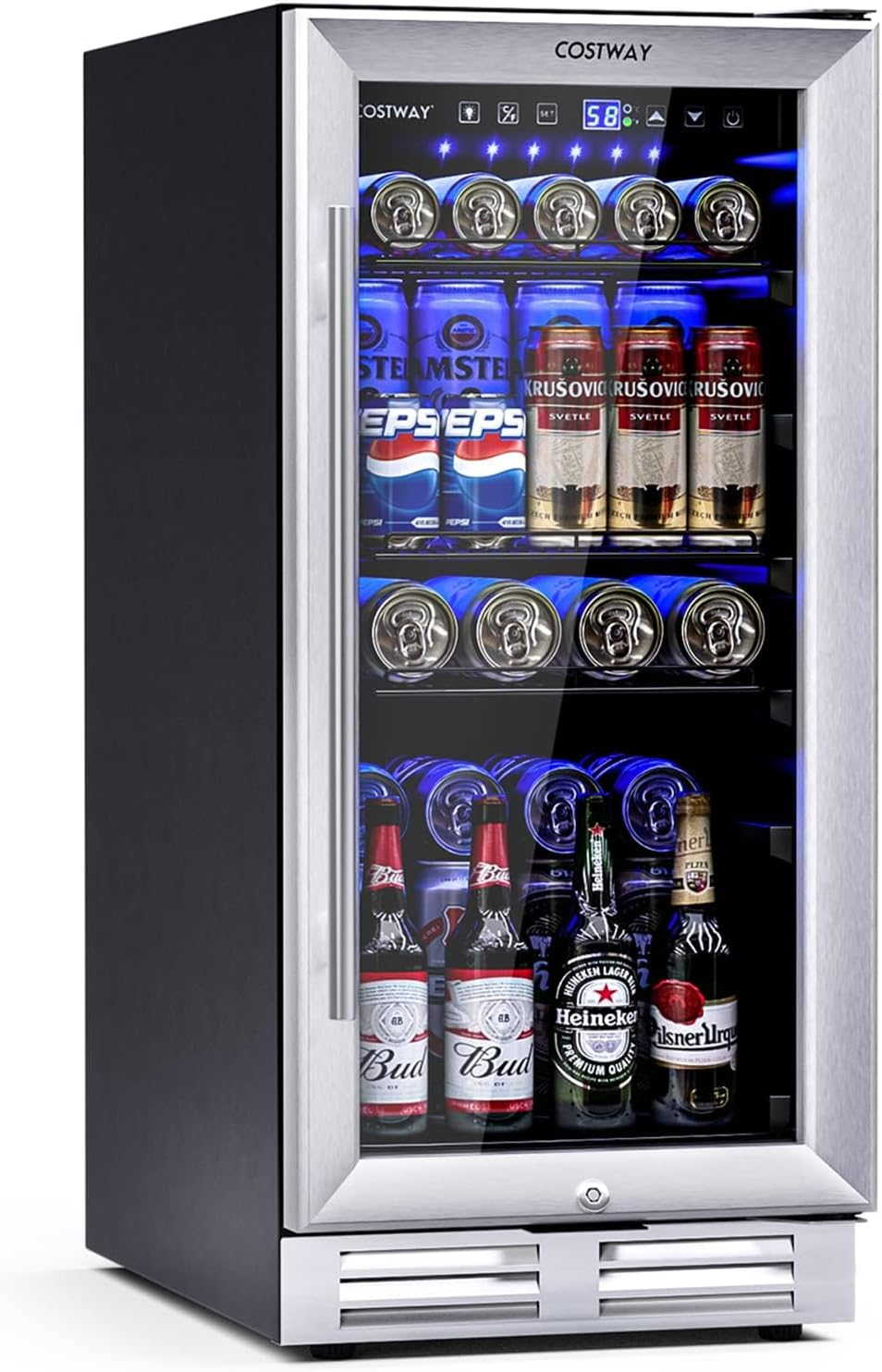 COSTWAY 15 Inch Beverage Cooler Refrigerator - 3.5 Cu.ft Mini Fridge with Glass Door, Lock and Removable Shelves for Soda Beer Wine, Freestanding Small Drink Refrigerator for Home Office Bar
