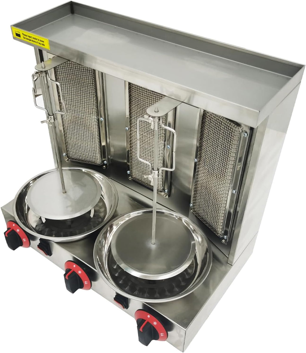 LP Gas Type 3 Burners Turkish Barbecue Machine Shawarma Maker Kebab Gyro Grill Stainless Steel Vertical Rotating Oven with Meat Catch Pan and Adjustable Tempereture