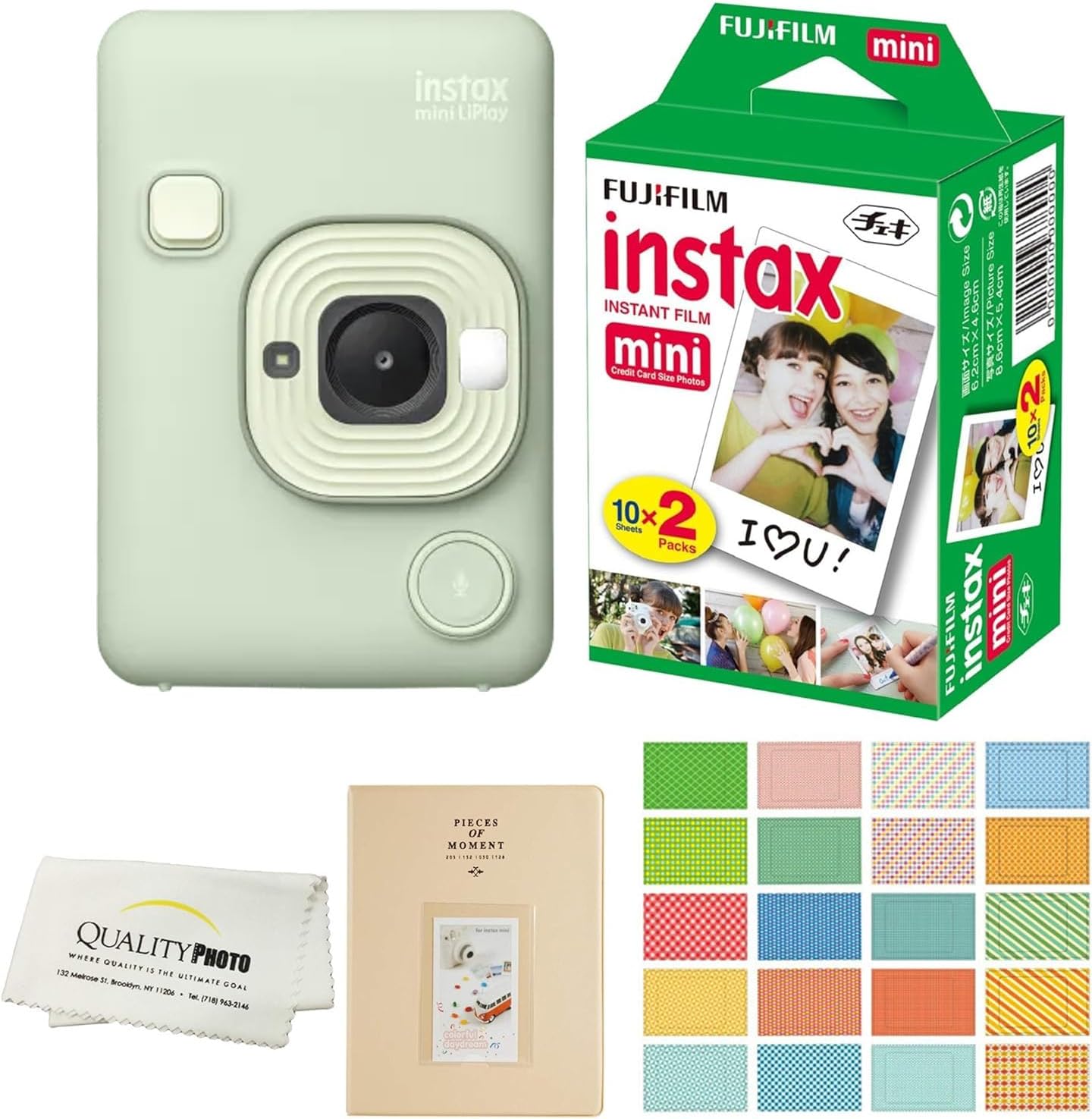 Fujifilm Instax Mini LiPlay Hybrid Instant Camera with 20 Instant Films and Photo Album. Plus Stickers. Bonus Quality Photo Microfiber Cloth (Matcha Green)