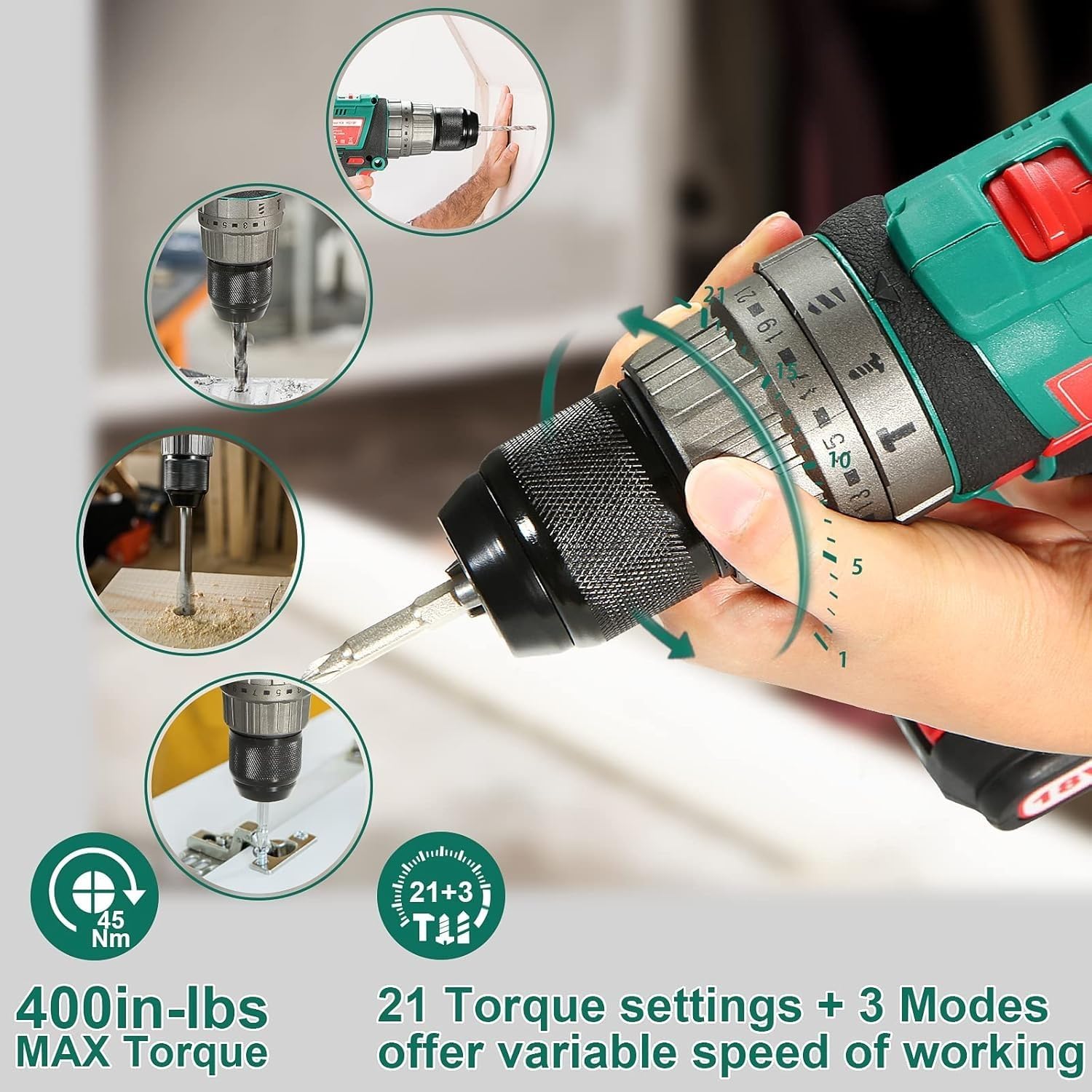 2 Sets of 18V Cordless Hammer Drill Driver, 400 In-lbs Torque Power Drill with Auxiliary Handle, 1/2' Metal Chuck, 2.0Ah Battery, 1H Fast Charger, 21+3 Clutch, LED Light for Drilling Wood Metal Wall