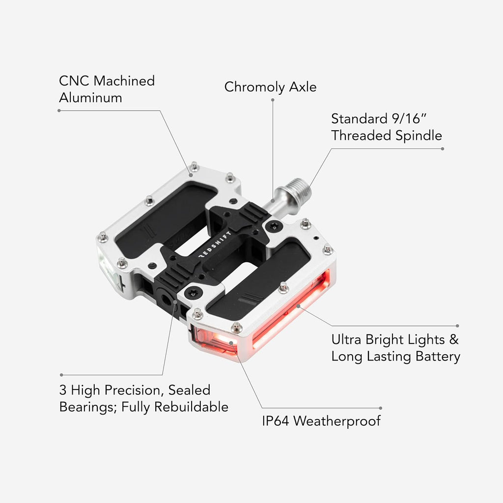 REDSHIFT ARCLIGHT PRO Flat Bicycle Pedals with LED Lights, Auto On-Off, 36+ hr Battery, USB Rechargeable, Weatherproof, Flat Aluminum Bike Pedal with 9/16in Steel Spindle and Traction Pins