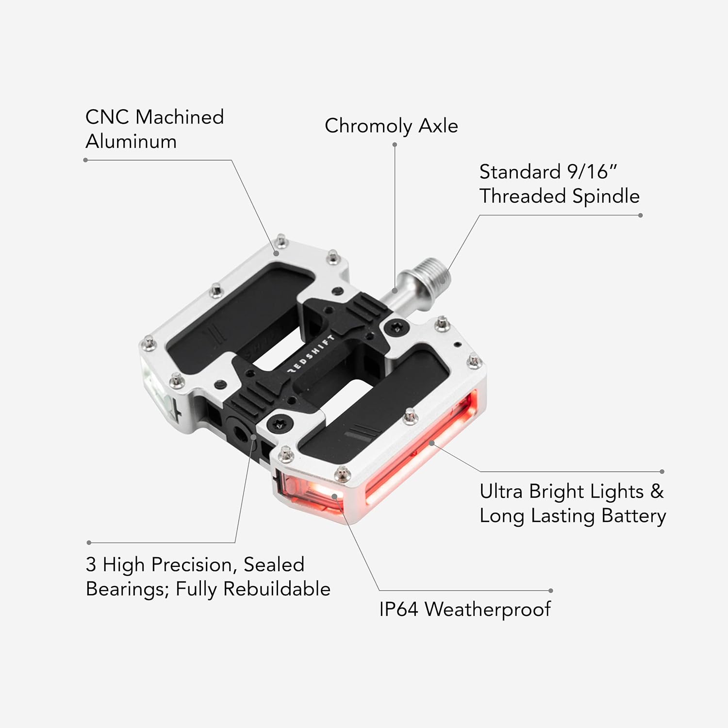 REDSHIFT ARCLIGHT PRO Flat Bicycle Pedals with LED Lights, Auto On-Off, 36+ hr Battery, USB Rechargeable, Weatherproof, Flat Aluminum Bike Pedal with 9/16in Steel Spindle and Traction Pins