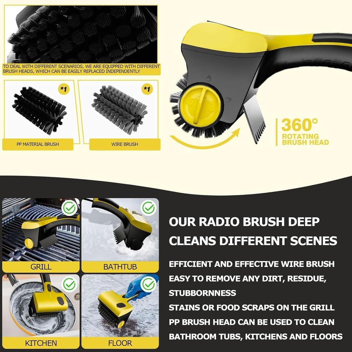 Grill Brush,Barbecue Grill Electric Cleaning Brush with Replaceable Head,360° Tile Cleaner with 2600Mah Battery and Water Injection Port,for Bathrooms,Cars,Floor,Tiles, Stoves, Sinks