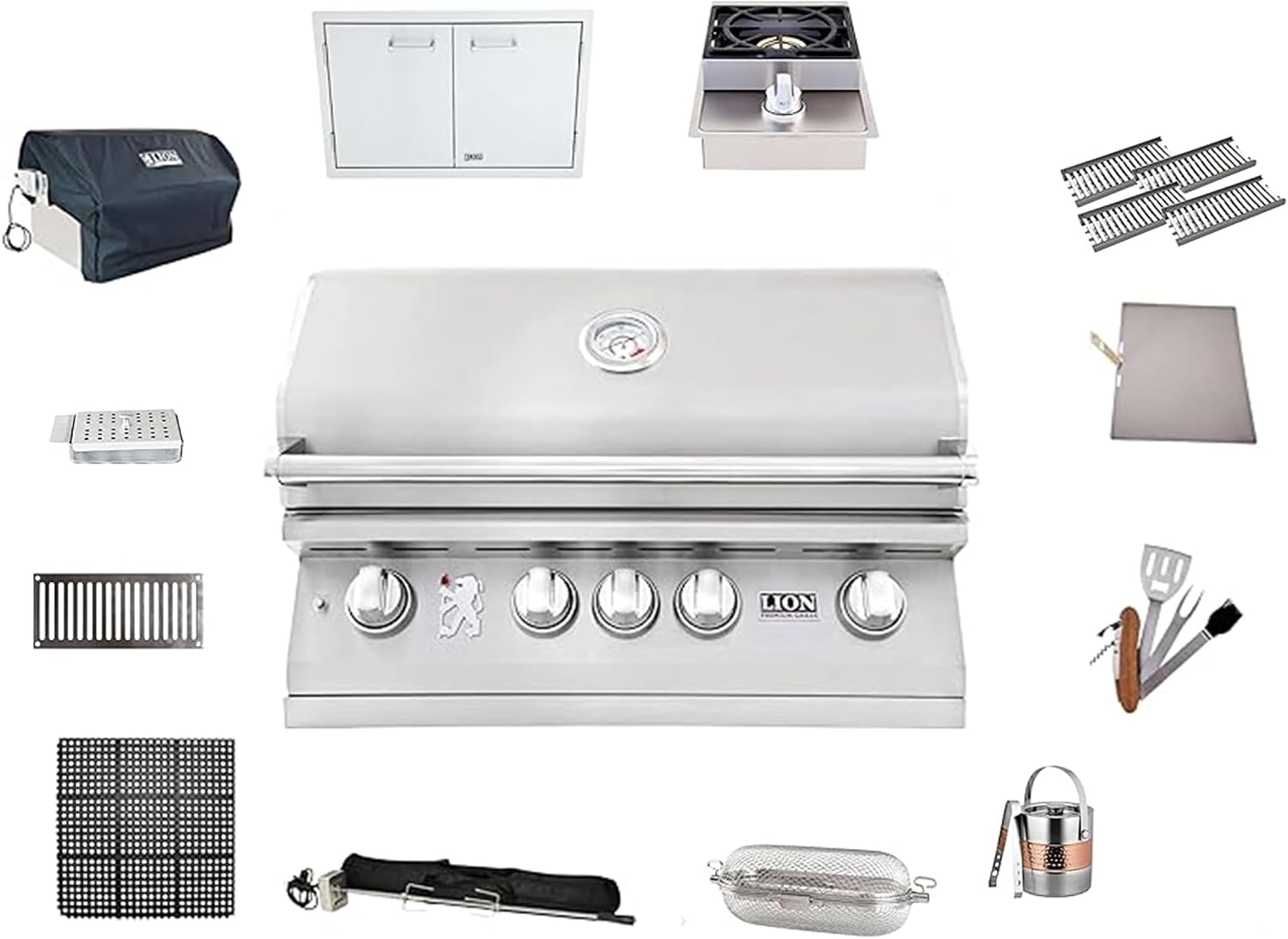 Lion Premium Grills | BBQ Gas Grill Bundle | 32 Inch Grill Package 1 (Propane Gas), Double Access Doors, Built-in Side Burner, 4 Sets of Ceramic Flame Tubes with Tray, Rotisserie Basket, and More