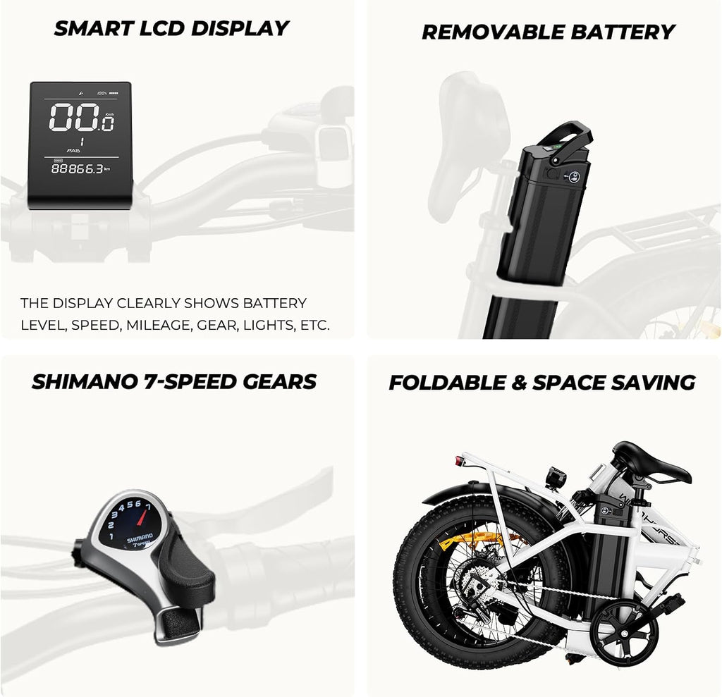 Foldable Electric Bike, Peak 983W Motor Ebike, 40-70 Miles & 20 MPH, 48V Removable Battery, 20' Fat Tire All-Terrain Electric Bicycle for Adults with 7-Speed, Suspension, Rear Rack, UL2849 Certified