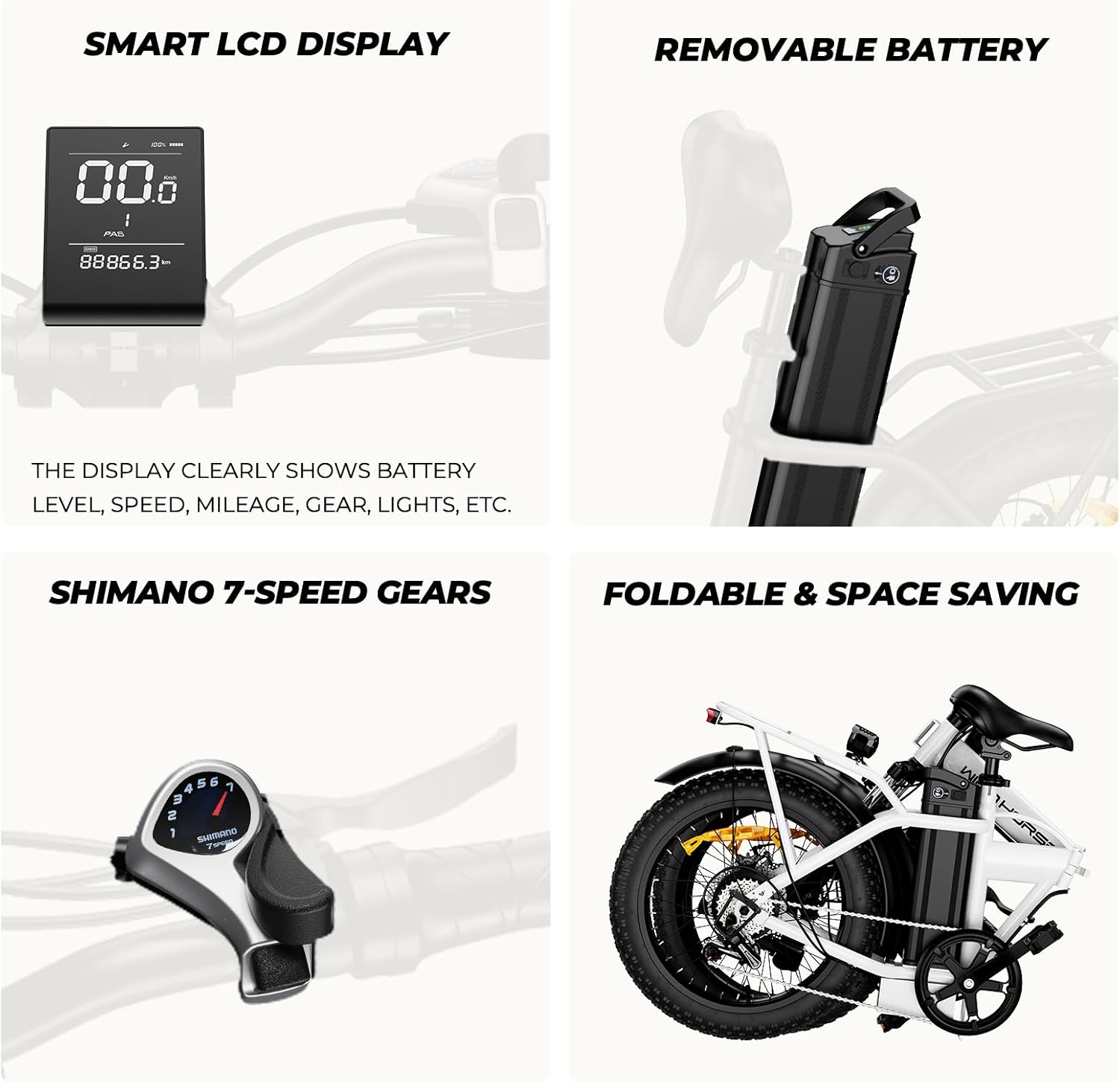 Foldable Electric Bike, Peak 983W Motor Ebike, 40-70 Miles & 20 MPH, 48V Removable Battery, 20' Fat Tire All-Terrain Electric Bicycle for Adults with 7-Speed, Suspension, Rear Rack, UL2849 Certified