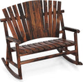 Giantex Outdoor Wooden Rocking Bench, 2-Person Adirondack Porch Rocker Chair with High Back and Slatted Seat, Rustic Log Loveseat for Front Porch Patio, Backyard, Garden, Brown, 51'x38'x46'
