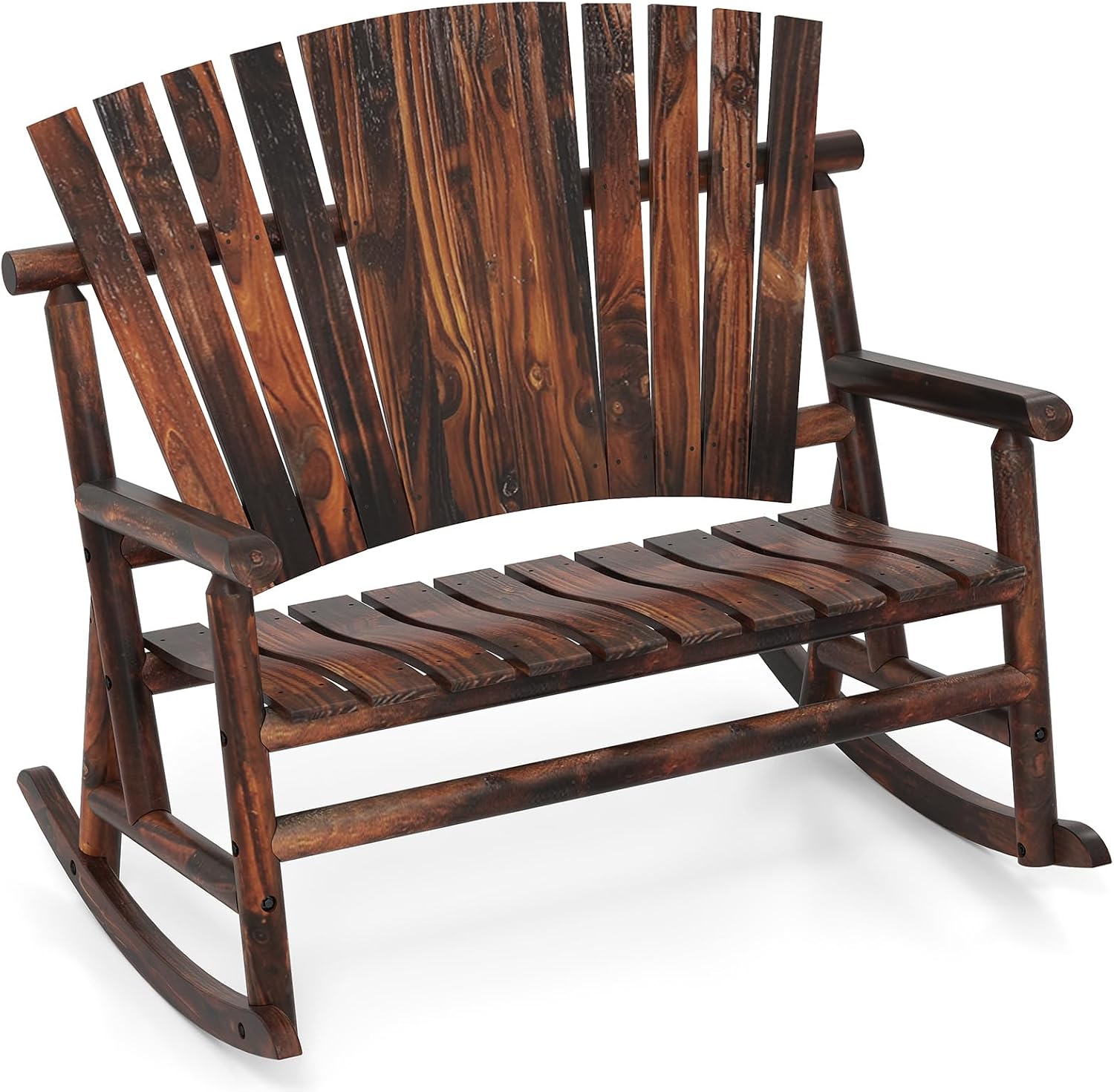 Giantex Outdoor Wooden Rocking Bench, 2-Person Adirondack Porch Rocker Chair with High Back and Slatted Seat, Rustic Log Loveseat for Front Porch Patio, Backyard, Garden, Brown, 51'x38'x46'