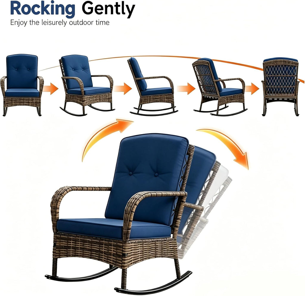 DECMICO 3 Pieces Rocking Bistro Set, Wicker Outdoor Rocking Chair with Washable Cushions, Rattan Rocking Chairs with Rattan Table, Outdoor Wicker Chair for Patio Backyard Porch Garden
