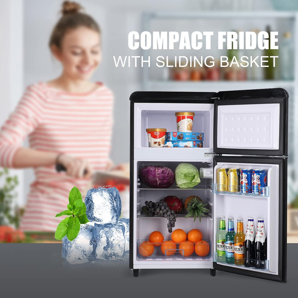 Compact Refrigerator 3.5 Cu.Ft WANAI Classic Retro Refrigerator 2 Door Mini Refrigerator Adjustable Remove Glass Shelves Refrigerator Suitable for Dorm Garage and Office